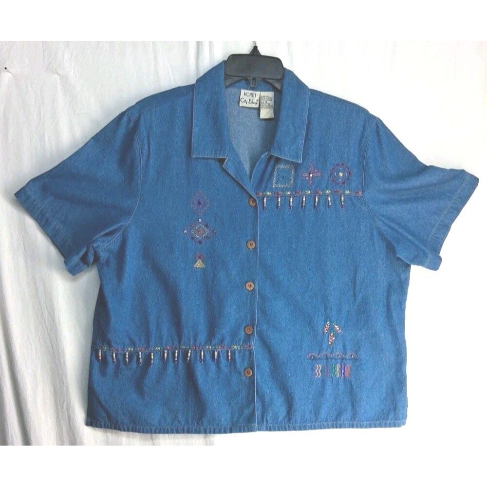 Vintage Koret Blue Womens XL Denim Artsy Shirt Embroidery Festival Western
